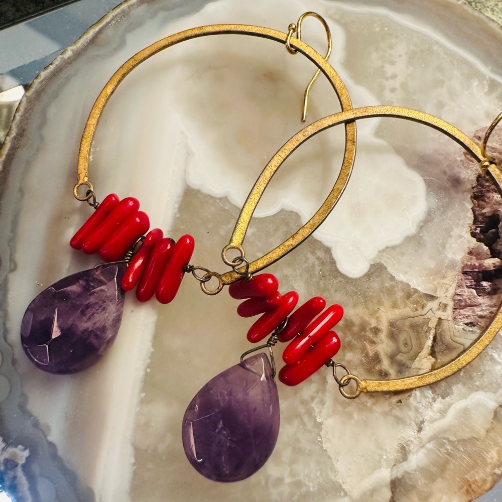 Brushed Gold-tone Red and Purple Dangle Earrings